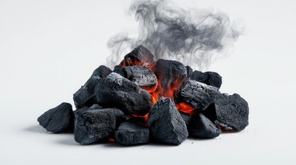 Pile of Charcoal with Glowing Embers and Smoke Rising on a Neutral Background, Ideal for Barbecue, Cooking, and Outdoor Grill Imagery in Stock Photography