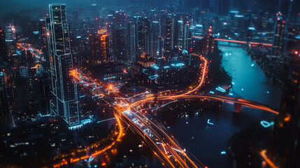 Fototapeta premium Smart digital Innovation city with connection network reciprocity over the cityscape. of future smart wireless digital city and social media networking systems that connects people with in city