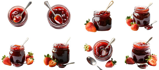 Collection of various A jar of homemade strawberry jam with a spoon isolated on white transparent background PNG set