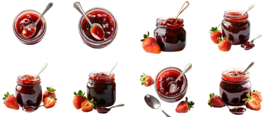 Collection of various A jar of homemade strawberry jam with a spoon isolated on white transparent background PNG set
