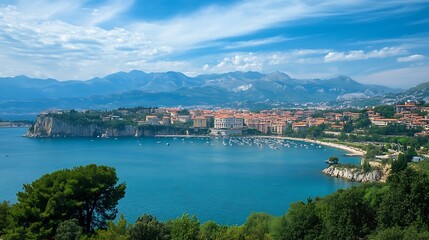 Fototapeta premium Coastal city panorama, beautiful Mediterranean landscape. Concept of travel, vacation, and scenic beauty.