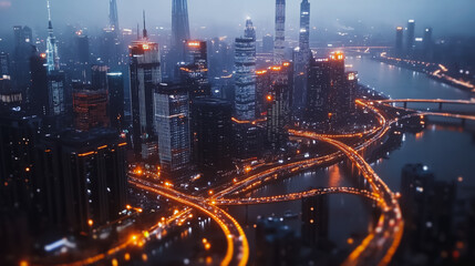 Fototapeta premium Smart digital Innovation city with connection network reciprocity over the cityscape. of future smart wireless digital city and social media networking systems that connects people with in city