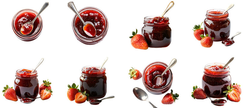 Collection of various A jar of homemade strawberry jam with a spoon isolated on white transparent background PNG set - Powered by Adobe