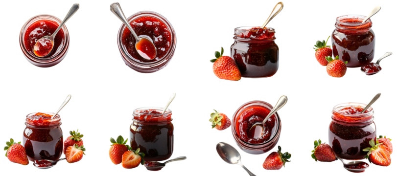 Collection of various A jar of homemade strawberry jam with a spoon isolated on white transparent background PNG set