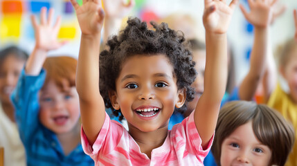 Group of diverse and happy children playing and learning together in a modern and well-equipped classroom environment.