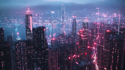 Obraz premium Smart digital Innovation city with connection network reciprocity over the cityscape. of future smart wireless digital city and social media networking systems that connects people with in city