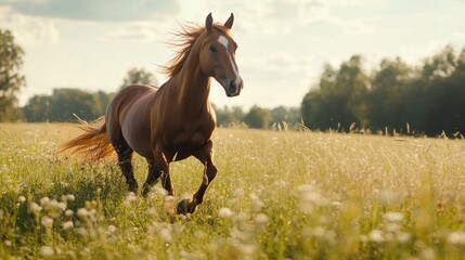 Fototapeta premium A horse galloping through a meadow.