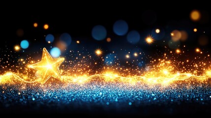 Naklejka premium Glowing star and sparkling lights on dark background. Merry Christmas. Happy New Year.