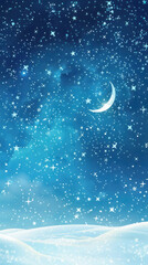 Tranquil Winter Night: Crescent Moon Over Snowdrifts, Perfect for Christmas and New Year Backgrounds