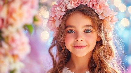 Naklejka premium Joyful young caucasian girl with flower crown in dreamy light