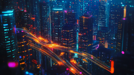 Fototapeta premium Smart digital Innovation city with connection network reciprocity over the cityscape. of future smart wireless digital city and social media networking systems that connects people with in city