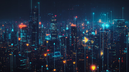 Obraz premium Smart digital Innovation city with connection network reciprocity over the cityscape. of future smart wireless digital city and social media networking systems that connects people with in city