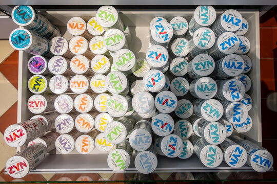Stockholm, Sweden Drawers filled with tins of flavored Zyn smokeless tobacco pouches, or snus.