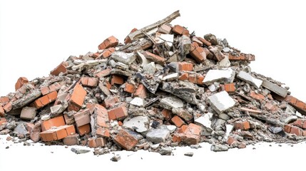 Pile of Crushed Construction Debris Containing Broken Bricks, Concrete Slabs, and Varied Fragmented Materials on White Background for Renovation and Cleanup Concepts