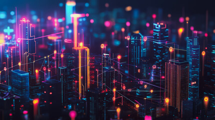 Obraz premium Smart digital Innovation city with connection network reciprocity over the cityscape. of future smart wireless digital city and social media networking systems that connects people with in city