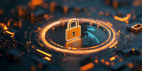 digital representation of secure cyber world featuring glowing lock encircling globe, symbolizing data protection and cybersecurity
