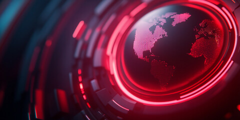 futuristic digital globe surrounded by glowing red rings, representing cyber world. intricate design evokes sense of advanced technology and connectivity