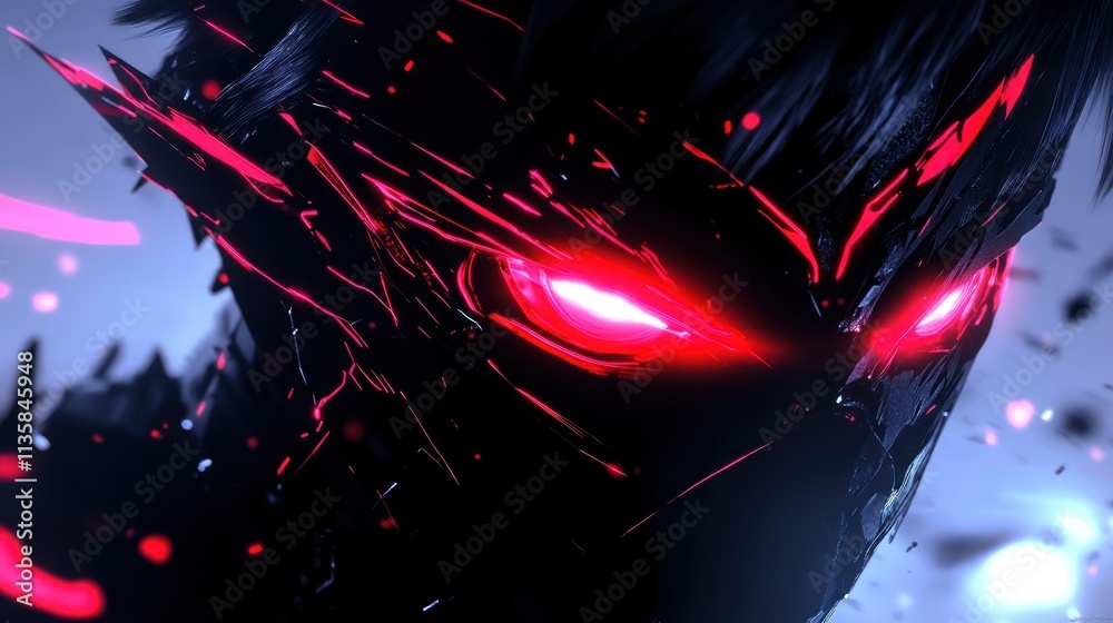 Poster a stylized, dark character with glowing red eyes and jagged features, suggesting power and intensity