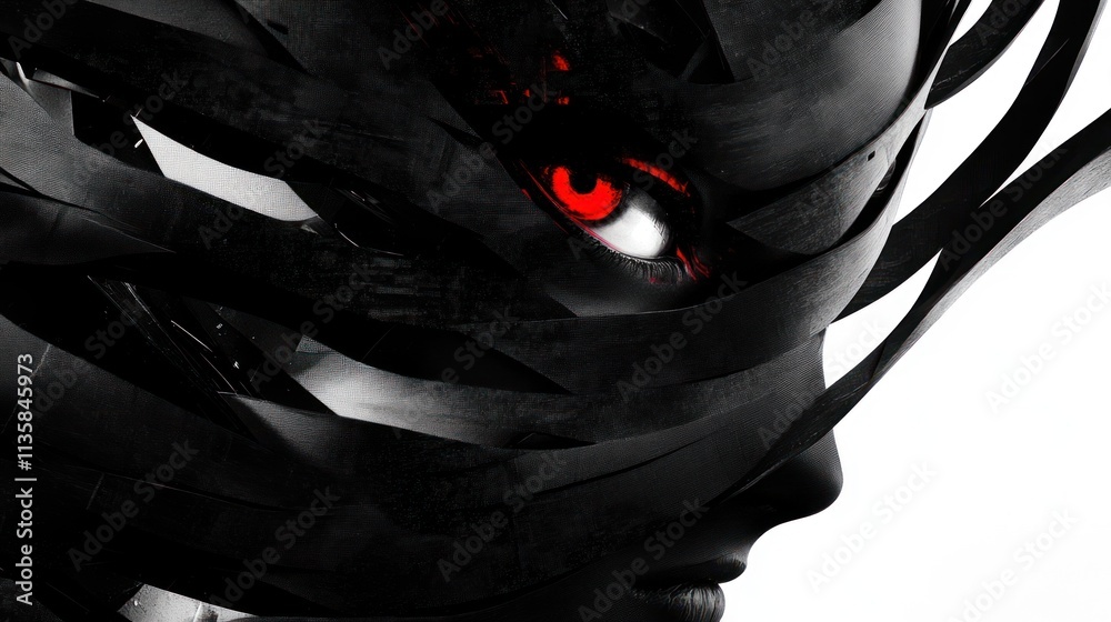 Poster a stylized, abstract representation of a face with dark, layered textures and a striking red eye.