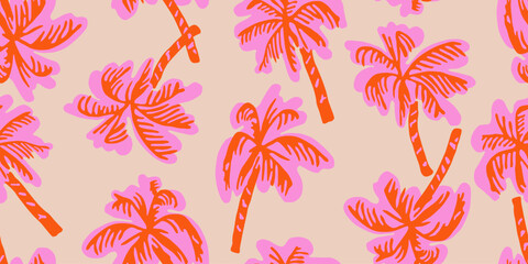 Tropical pattern with freehand drawn palm trees. Hawaii summer background for fabric, textiles, clothing, wrapping paper, cover, decoration, banner, wallpaper, interior decor. Vector illustration. © Udomdech