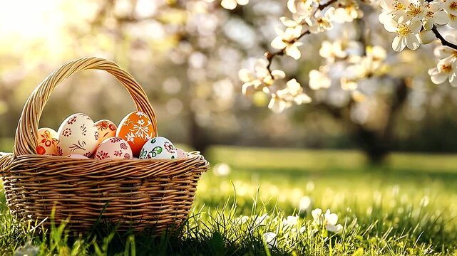 Sunlit Orchard with Woven Basket of Colorful Easter Eggs on Grass
