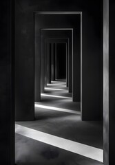 Minimalist black and white of an empty room with symmetrical doorways