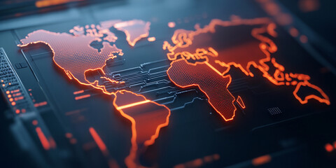 glowing world map with circuit patterns symbolizes cybersecurity and technology. This digital representation highlights global connectivity and data protection