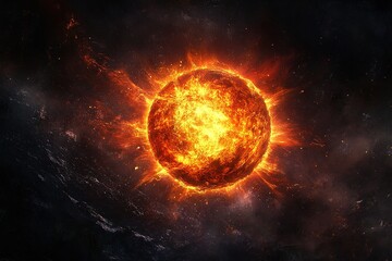 Fototapeta premium fiery sun-like orb radiating light and energy into surrounding space with dark shadows emphasizing its intensity