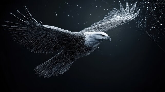 A stylized, wireframe eagle soaring against a dark background, symbolizing freedom and technology.