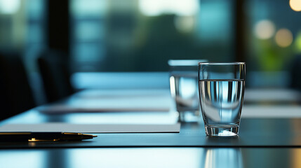 Water glasses on a dark wood conference table