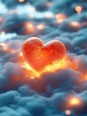 Fototapeta premium Glowing heart-shaped candle surrounded by soft golden hues on a dreamlike cloud surface
