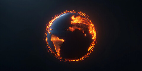 digital representation of Earth surrounded by interconnected flames, showcasing fiery and dynamic visual. globe highlights continents with glowing effect