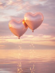 Obraz premium Floating heart balloons above a tranquil ocean with surreal glowing lights and soft golden hues