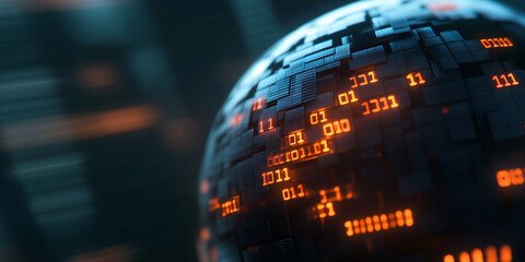 Futuristic globe made of glowing binary code symbols, representing technology and digital innovation. intricate design showcases blend of light and texture