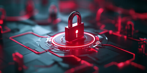 Futuristic digital padlock on circuit board with glowing red accents, symbolizing cybersecurity and data protection. intricate design evokes sense of advanced technology and security