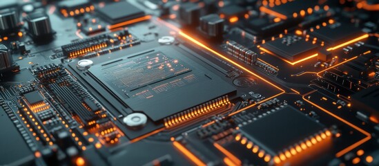 Close up of a computer motherboard with glowing orange circuits and a central processing unit.
