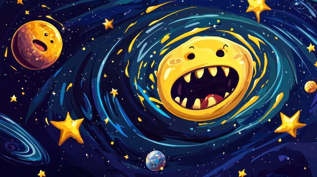 A humorous cartoon of a black hole eating planets, with lighthearted elements like stars with funny expressions