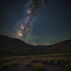 Fototapeta premium A valley under a blanket of stars with the Milky Way arching overhead.