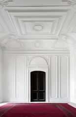 Obraz premium A white wall with a long red carpet leading to a black door