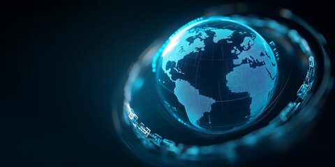 high tech globe surrounded by holographic shields, showcasing digital world map. glowing blue design emphasizes technology and innovation