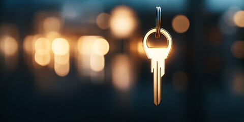 close up of golden key hanging against blurred background, symbolizing security and access. warm glow adds sense of luxury and importance to key