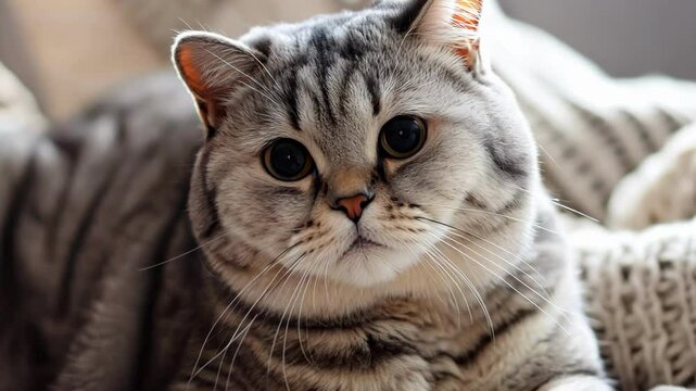 Cozy moment with a scottish fold cat relaxing on knit blankets AI