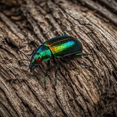 Naklejka premium A jewel-like buprestid beetle crawling across a weathered tree trunk.