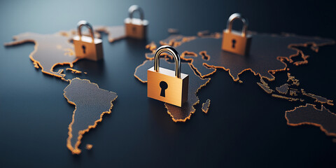 Secure world map with interlinked padlocks symbolizing encryption and safety. image conveys sense of global security and protection of information