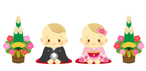 着物姿のかわいい男女の赤ちゃんが正座で新年のご挨拶をする挿絵　正月飾りの門松　日本
