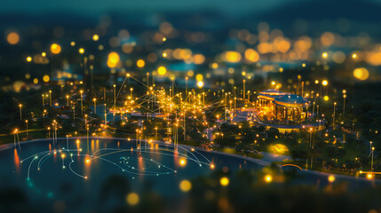 Naklejka premium Smart digital Innovation city with connection network reciprocity over the cityscape. of future smart wireless digital city and social media networking systems that connects people with in city