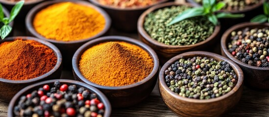Various spices in wooden bowls on a wooden table.