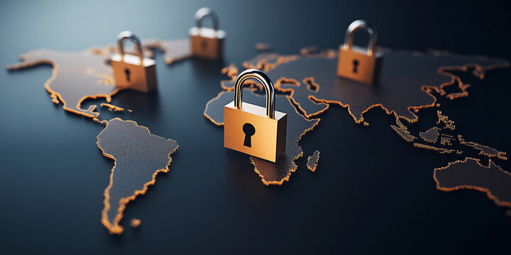 Secure world map with interlinked padlocks symbolizing encryption and safety. image conveys sense of global security and protection of information