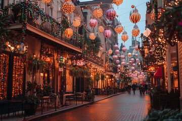 Fototapeta premium Vibrant Mardi Gras beads hanging from a vintage lamppost, creating a festive and nostalgic urban scene with a soft focus background.
