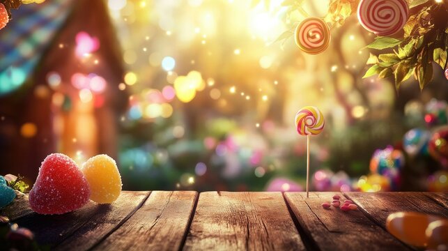 Enchanting candy landscape with colorful sweets, vibrant lollipops, and a whimsical garden backdrop creating a dreamlike atmosphere of joy and nostalgia